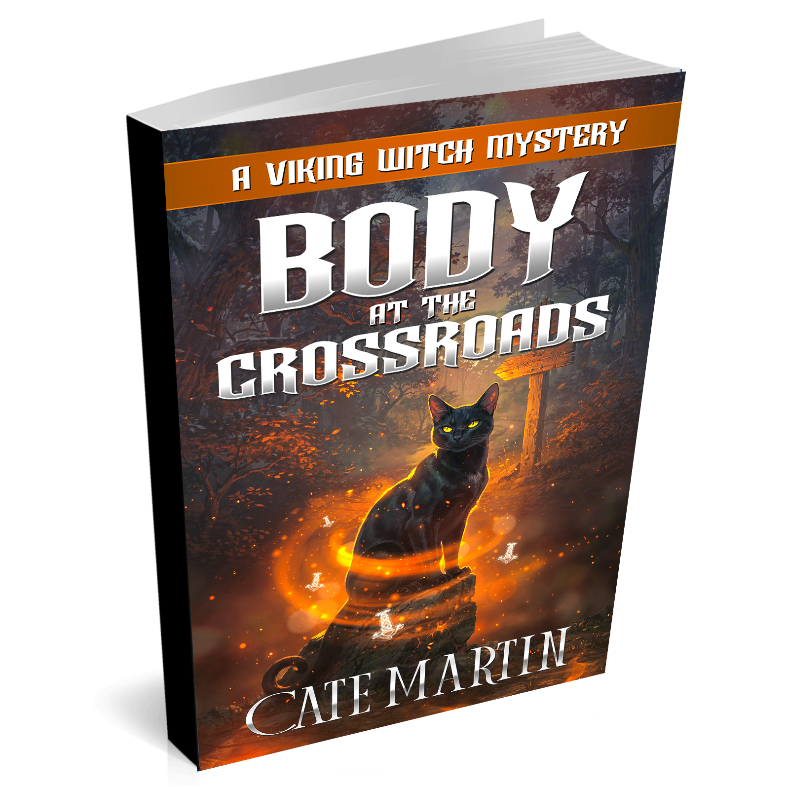 Book titled 'Body at the Crossroads' by Cate Martin with a black cat on the cover.