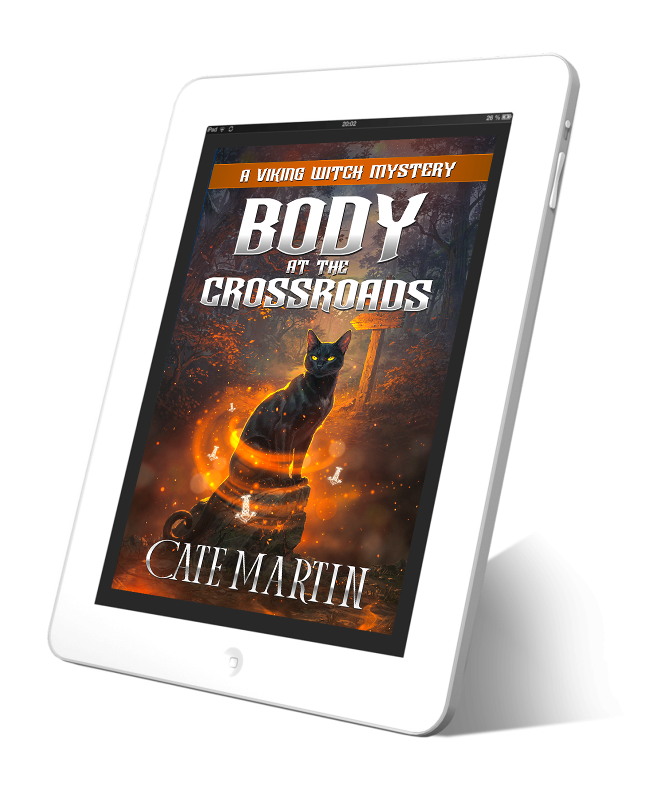 Tablet displaying the book cover 'Body at the Crossroads' by Cate Martin on a white background