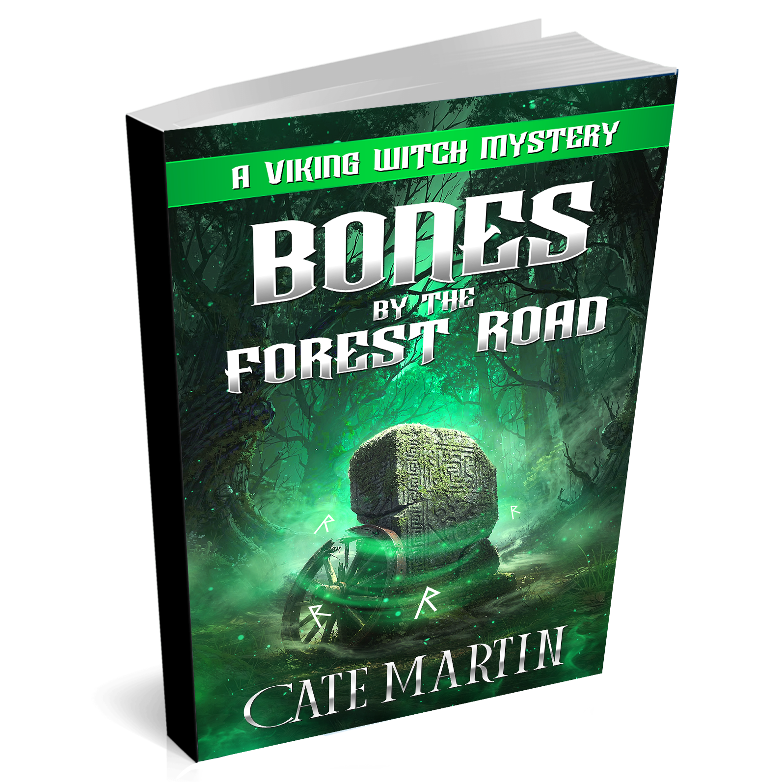 Book titled 'Bones by the Forest Road' by Cate Martin with a green and black cover.