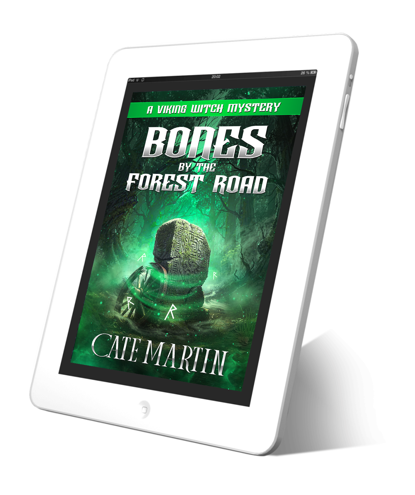 Ebook cover of 'Bones by the Forest Road' on a tablet screen