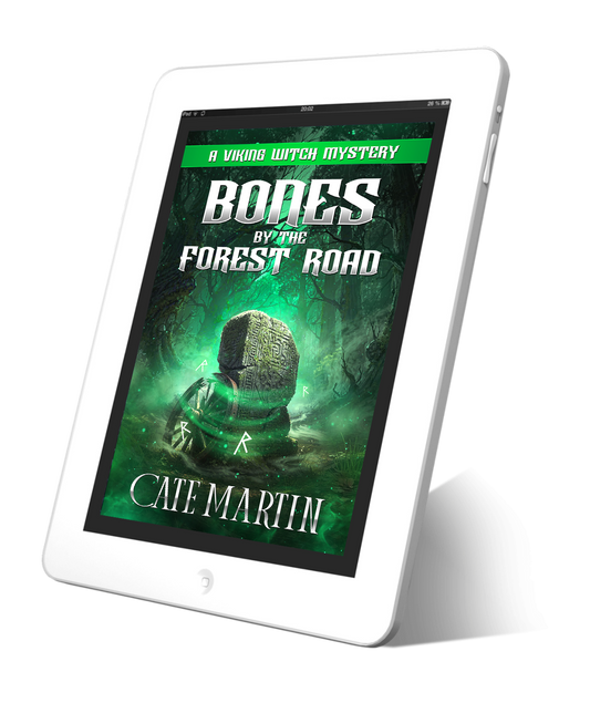 Ebook cover of 'Bones by the Forest Road' on a tablet screen