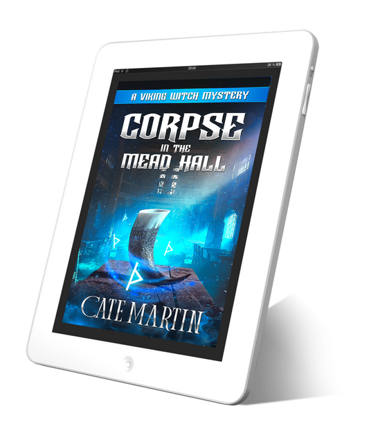 Tablet displaying a book cover titled 'Corpses in the Mead Hall' by Cate Martin on a white background