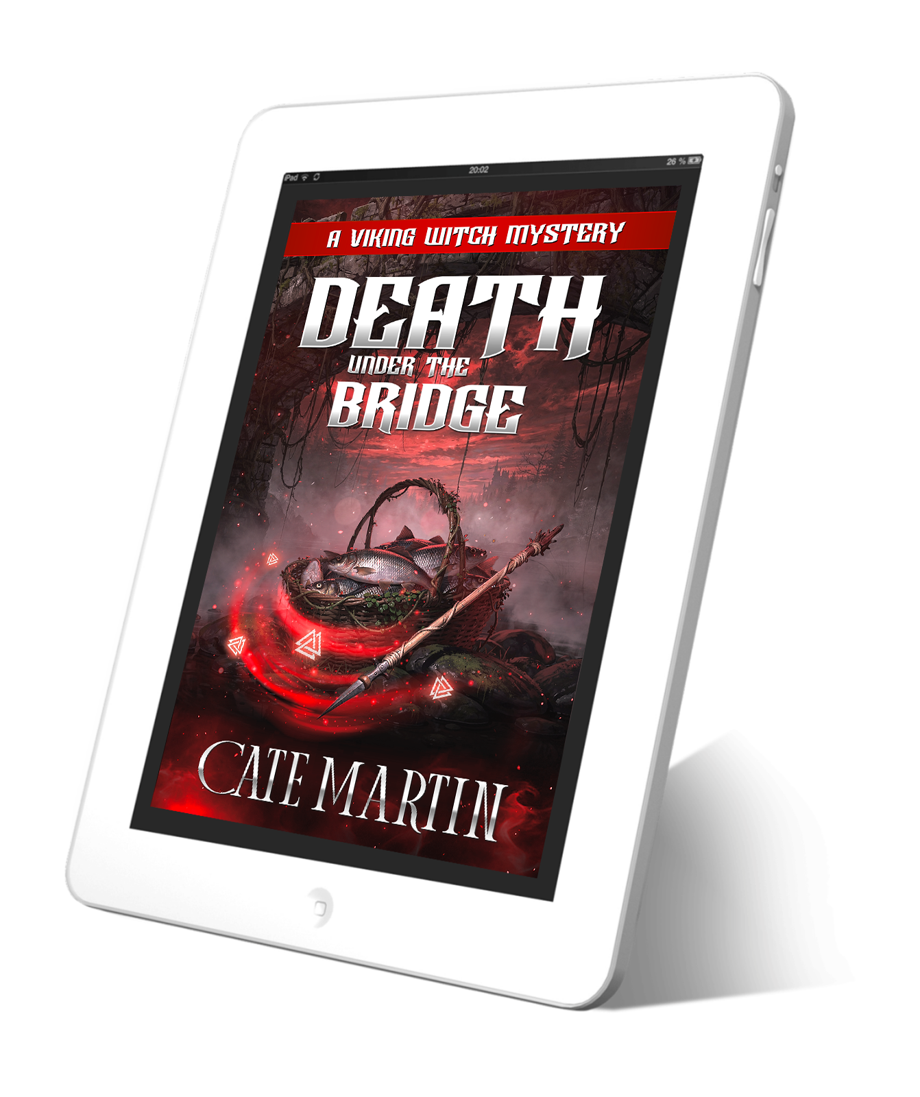 Digital book cover of 'Death Under the Bridge' by Cate Martin on a tablet screen.