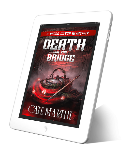 Digital book cover of 'Death Under the Bridge' by Cate Martin on a tablet screen.