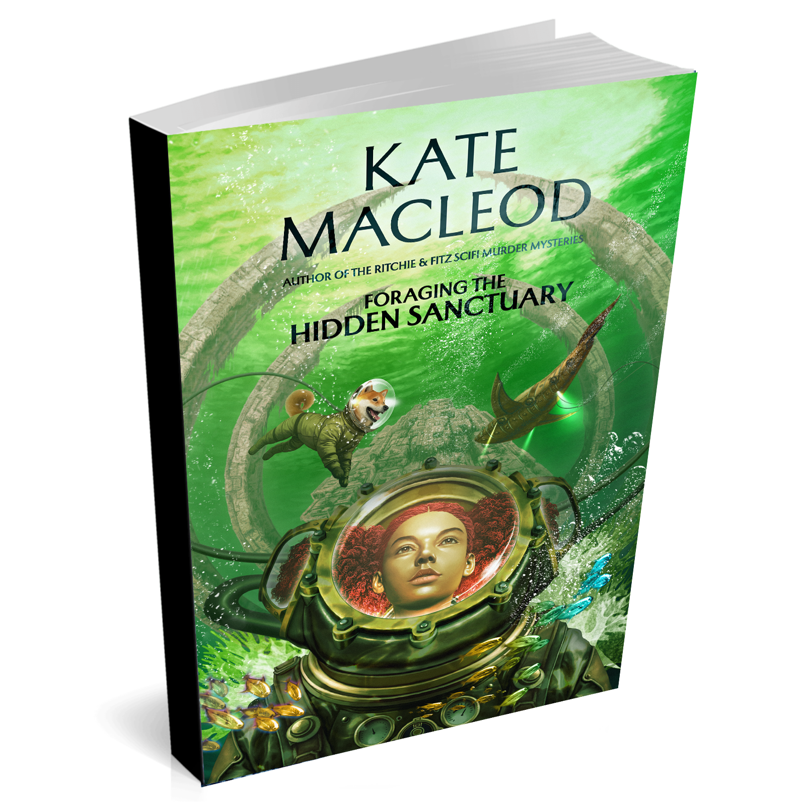 Image is of a paperback book titled Foraging the Hidden Sanctuary. The cover shows a girl in a diving suit looking at a sunken spaceship. She is flanked by her dog in a matching diving suit as well as various marine creatures.