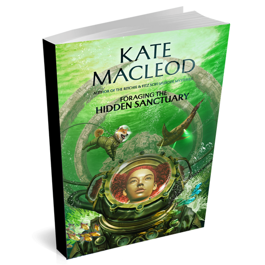 Image is of a paperback book titled Foraging the Hidden Sanctuary. The cover shows a girl in a diving suit looking at a sunken spaceship. She is flanked by her dog in a matching diving suit as well as various marine creatures.