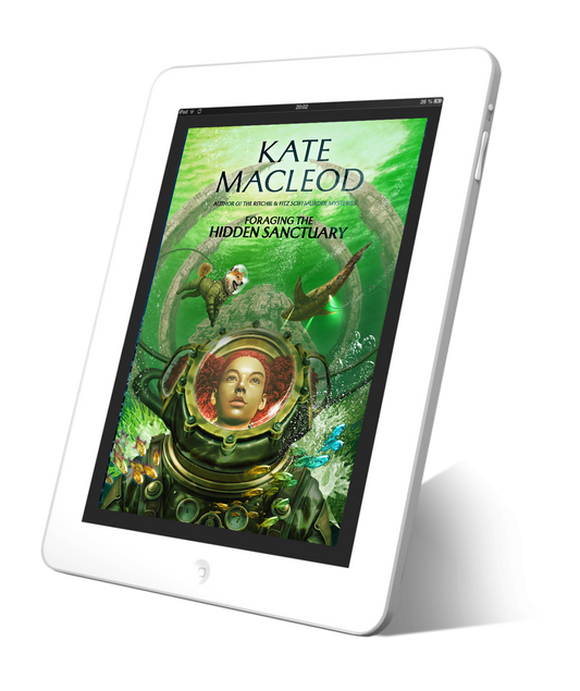 Image is of an ebook cover titled FORAGING THE HIDDEN SANCTUARY. The cover shows a girl in a deep sea diving suit looking up into a beam of sunlight that is illuminating the wreck of a massive spaceship behind her. Her dog is floating behind her, also in a bubble-headed spacesuit, trying to play with a shark.