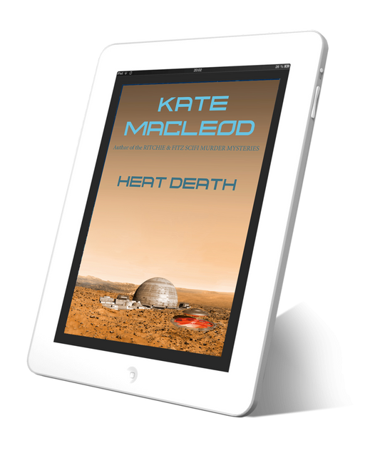 image is of an ebook cover titled "heat death" and shows a science fiction dome on a desert landscape. 