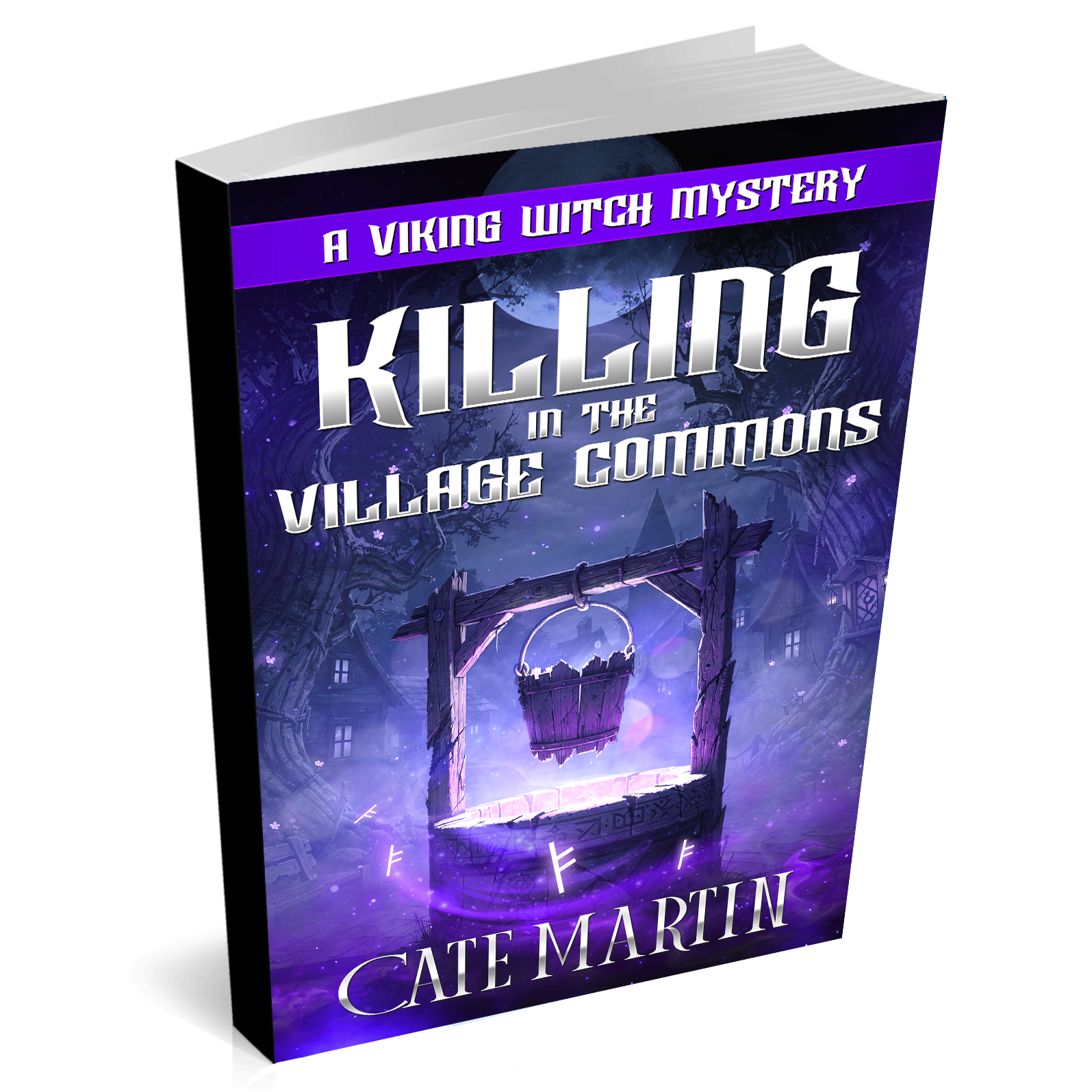 Book titled 'Killing in the Village Commons' by Cate Martin on a white background