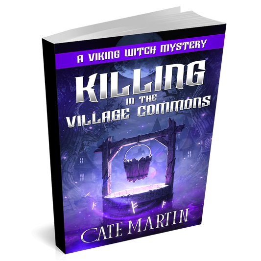 Book titled 'Killing in the Village Commons' by Cate Martin on a white background