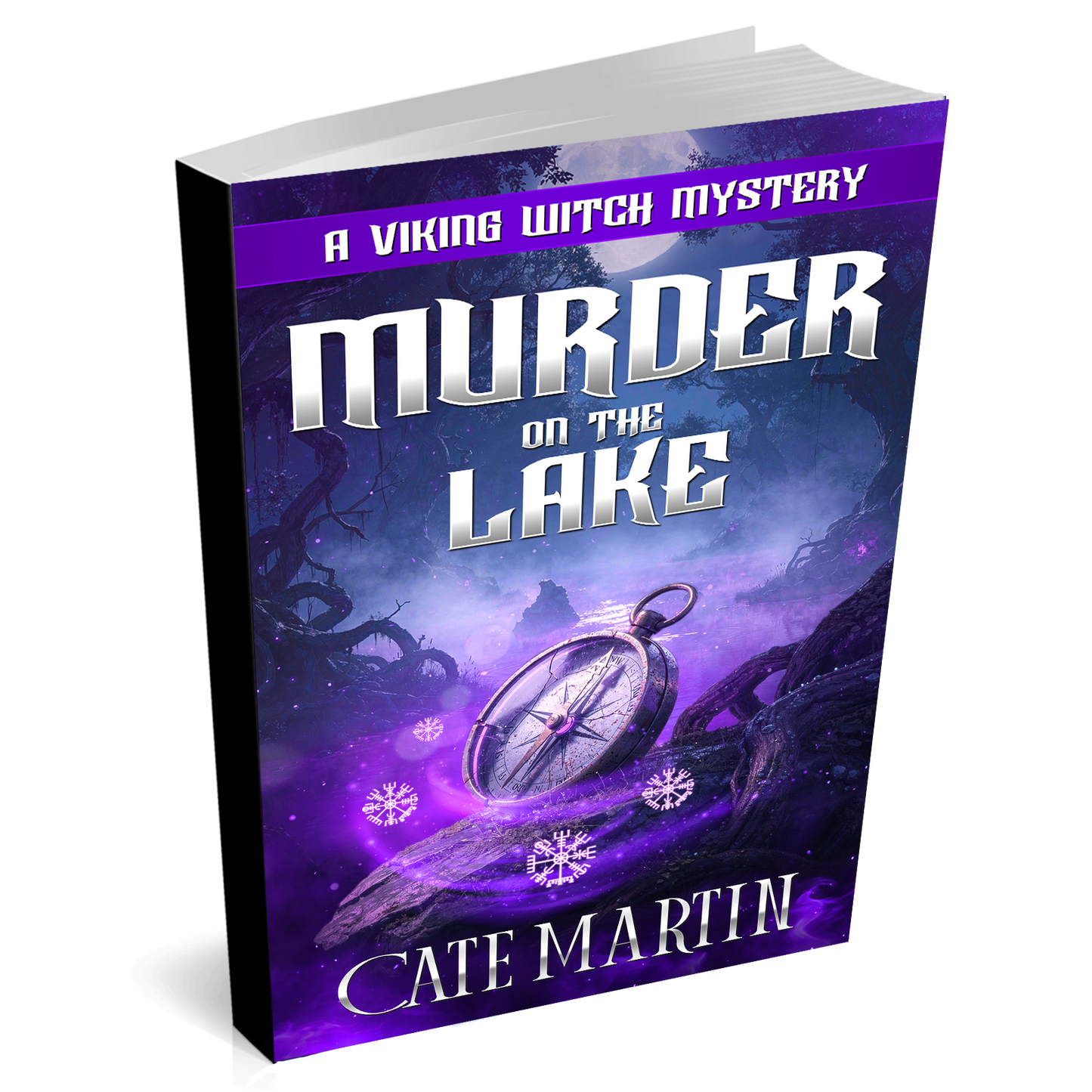 Book cover of 'Murder on the Lake' by Cate Martin with a purple and black color scheme.