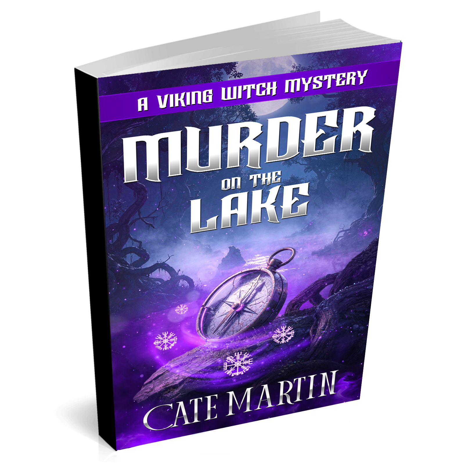 Book cover of 'Murder on the Lake' by Cate Martin with a purple and black color scheme.