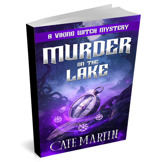 Book cover of 'Murder on the Lake' by Cate Martin with a purple and black color scheme.