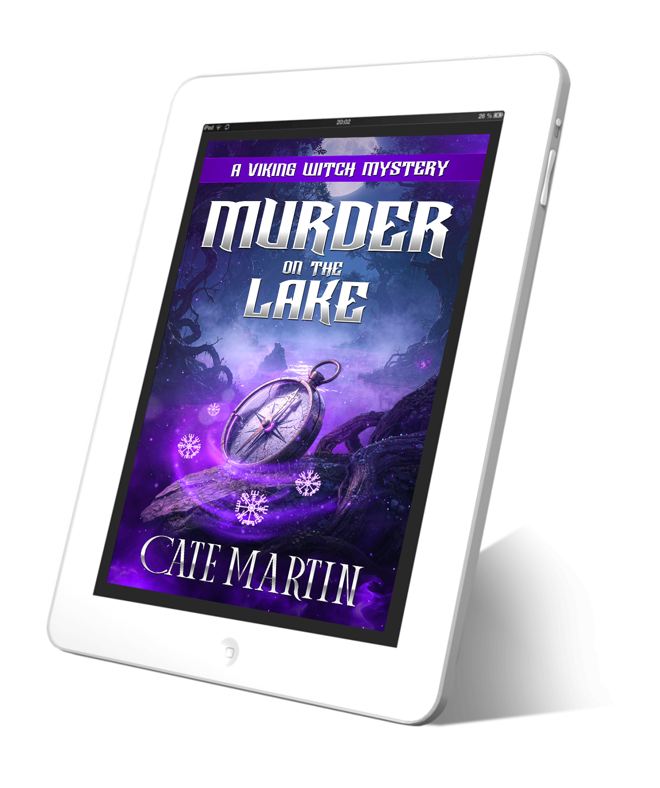 Tablet displaying the book cover of 'Murder on the Lake' by Cate Martin on a white background