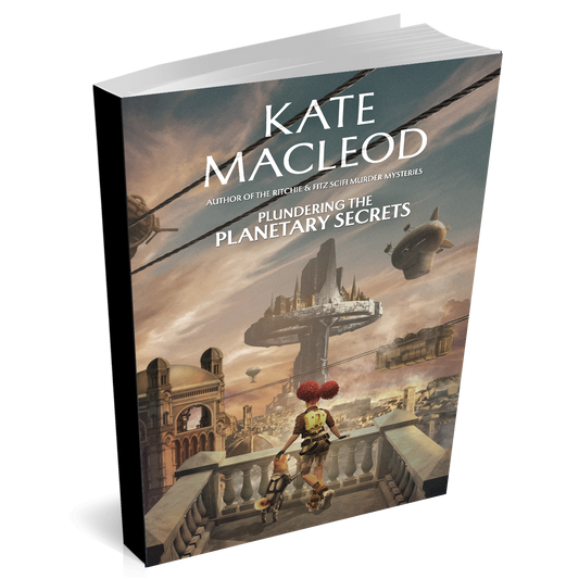 Cover of the paperback book titled Plundering the Planetary Secrets. A girl is looking over a steampunk futuristic city with a robot dog at her side. 