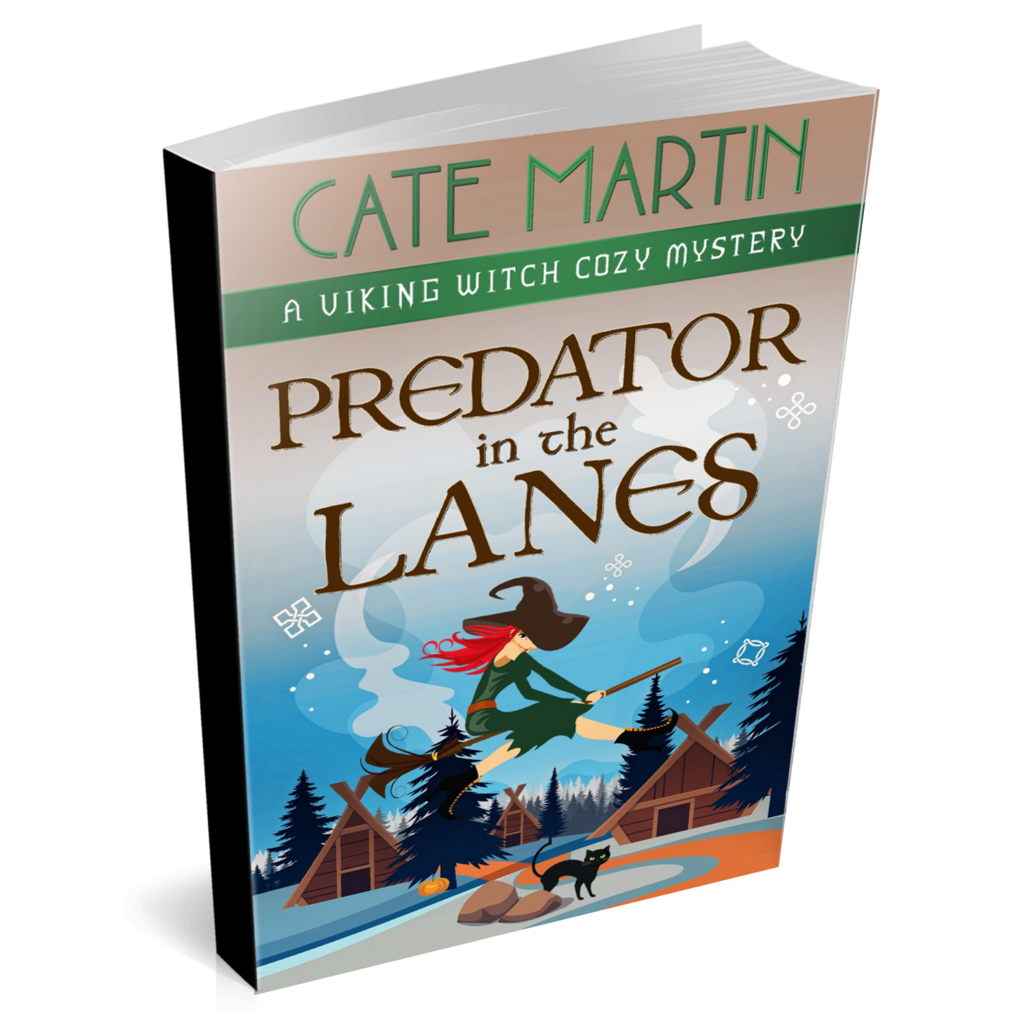 Cover of the paperback book titled Predator in the Lanes. The cover image shows a witch on a broom flying through a village of Viking era houses and pine trees. A black cat is watching her while standing near an orange pathway that winds through the buildings. The mountains in the background are blue.