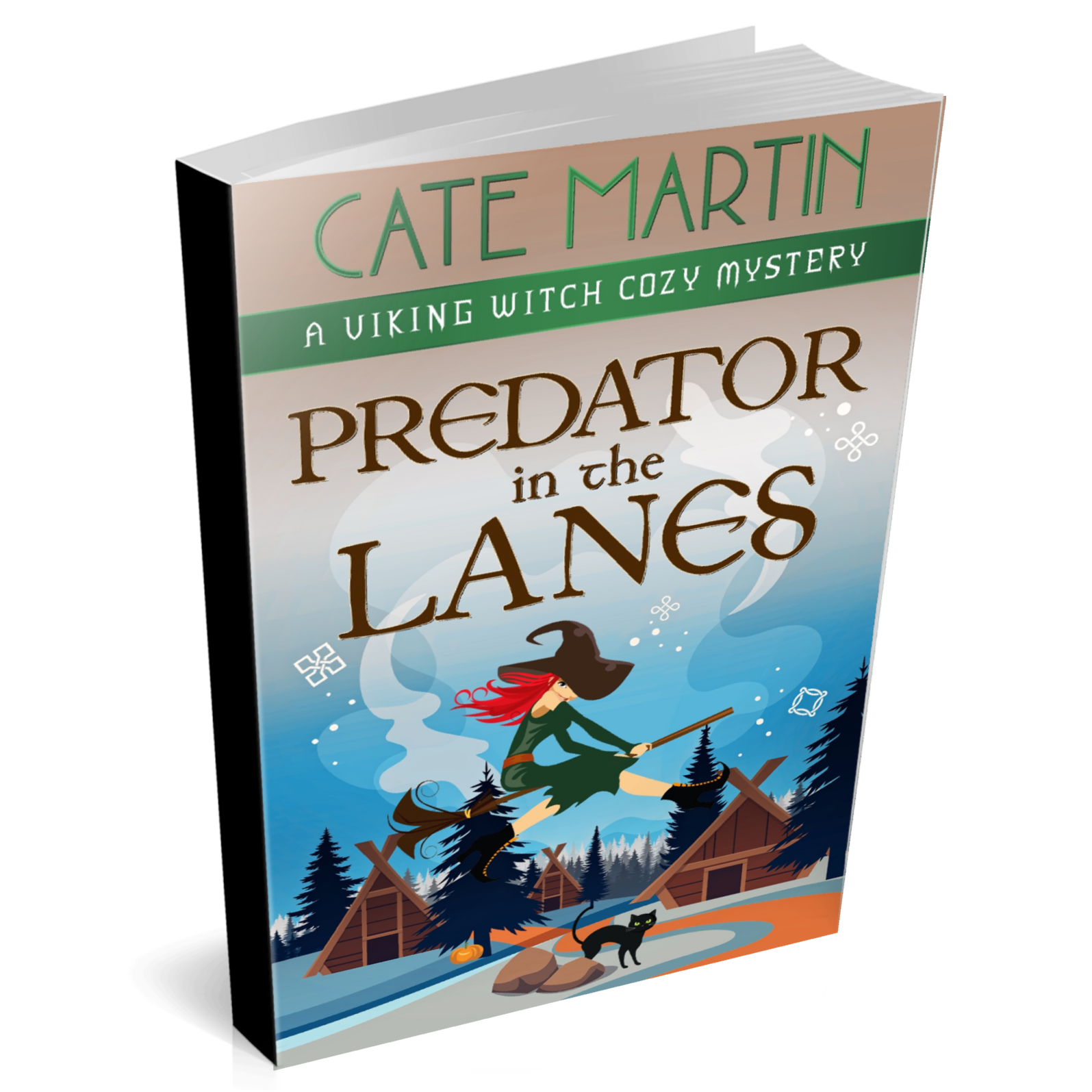 Cover of the paperback book titled Predator in the Lanes. The cover image shows a witch on a broom flying through a village of Viking era houses and pine trees. A black cat is watching her while standing near an orange pathway that winds through the buildings. The mountains in the background are blue.