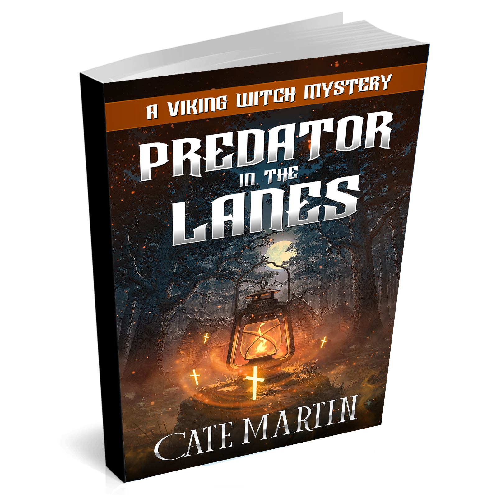 Book cover of 'Predator in the Lanes' by Cate Martin with a dark forest and lantern design.