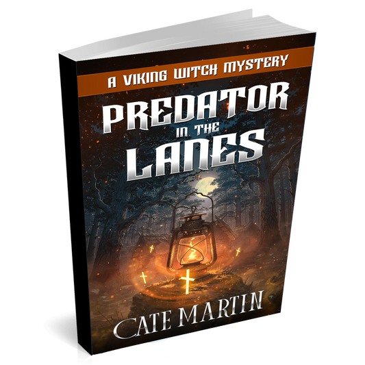 Book cover of 'Predator in the Lanes' by Cate Martin with a dark forest and lantern design.