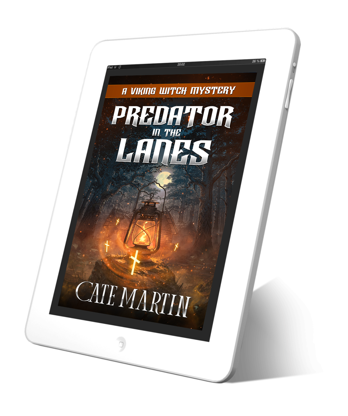 E-reader displaying the book cover of 'Predator in the Lanes' by Cate Martin on a white background