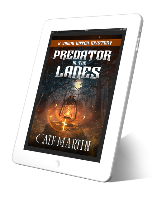 E-reader displaying the book cover of 'Predator in the Lanes' by Cate Martin on a white background