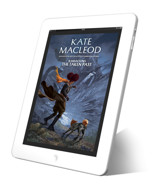 Image is of a book cover displayed on a tablet screen. The cover shows a girl and a dog on a mountainside looking down at the wreck of a spaceship. An airship is flying away overhead. The book is titled Ransacking the Taken Past.