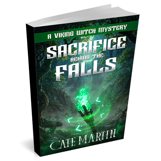 Book titled 'Sacrifice Behind the Falls' by Cate Martin with a Viking theme on a white background