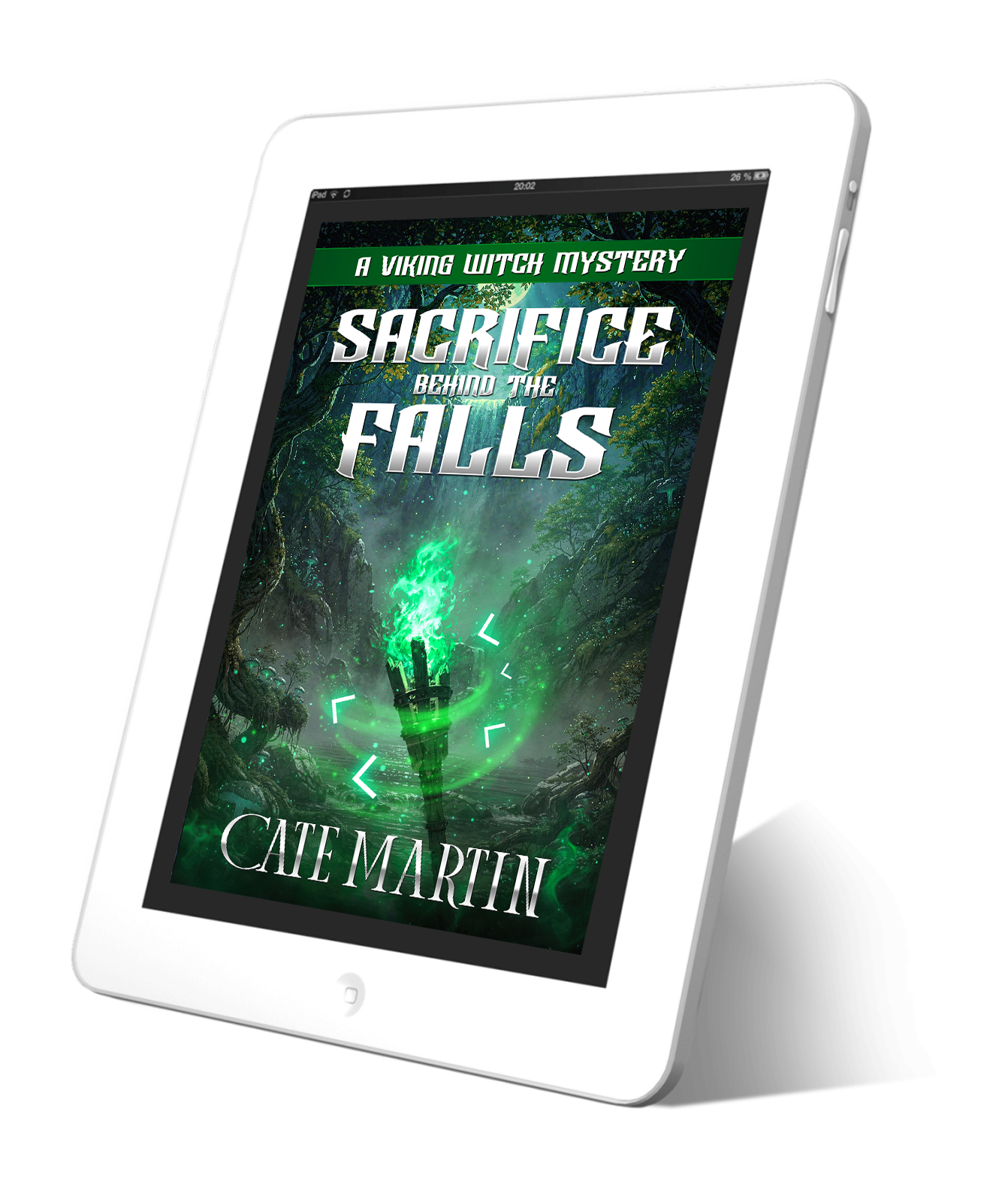 Tablet displaying the book cover of 'Sacrifice Behind the Falls' by Cate Martin on a white background