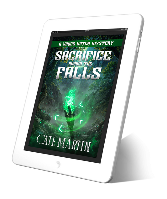 Tablet displaying the book cover of 'Sacrifice Behind the Falls' by Cate Martin on a white background