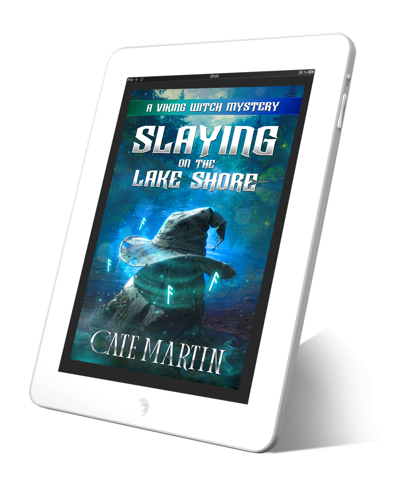 Tablet displaying the book cover 'Slaying on the Lake Shore' by Cate Martin on a white background