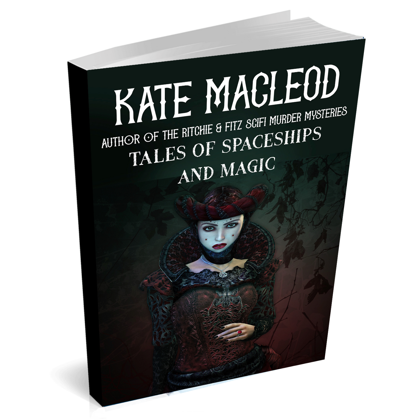 Image is of a paperback book titled Tales of Spaceships and Magic. The cover shows a mysterious-looking woman dressed in dark red and black. 