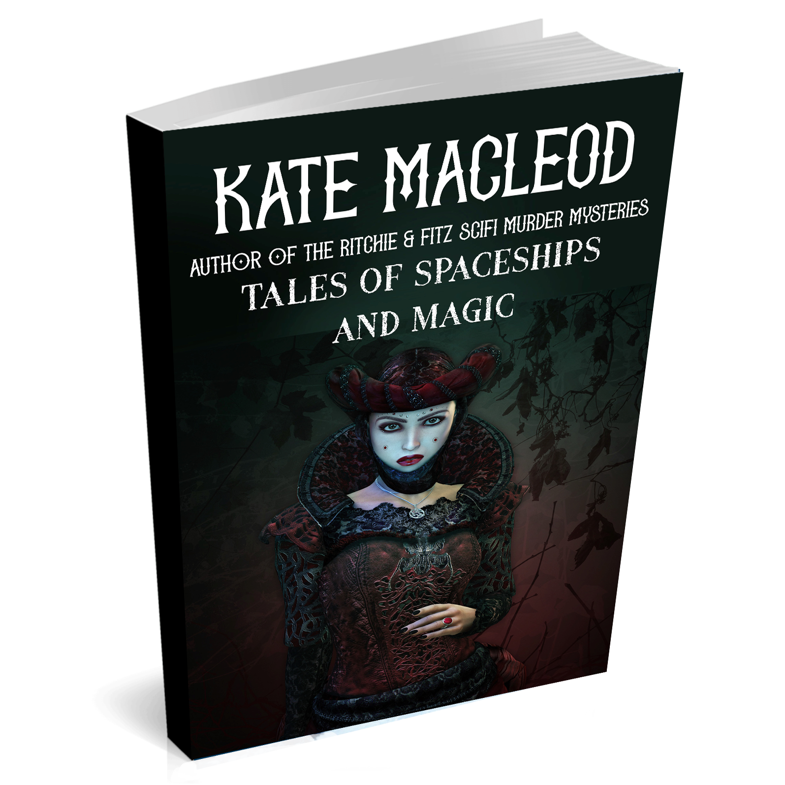 Image is of a paperback book titled Tales of Spaceships and Magic. The cover shows a mysterious-looking woman dressed in dark red and black. 