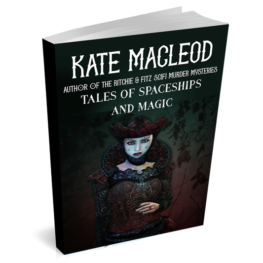 Image is of a paperback book titled Tales of Spaceships and Magic. The cover shows a mysterious-looking woman dressed in dark red and black. 