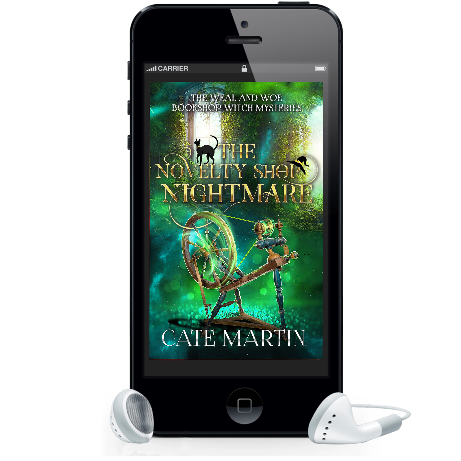 Image is of an adiobook cover displayed on a phone screen with framing earbuds. The cover is for the book The Novelty Shop Nightmare and shows. spinning wheel with magic lights around it set against a green and gold background.