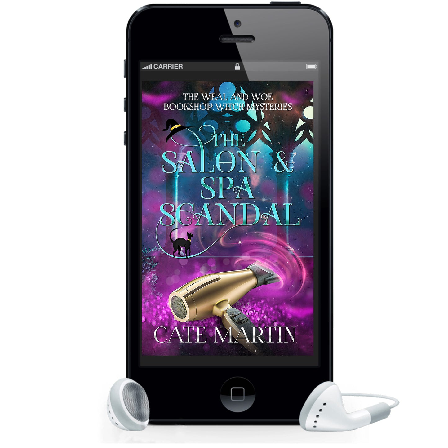 Cover of an audiobook displaying on a phone with headphones. The image on the cover is of a magical hairdryer, and the book is titled The Salon & Spa Scandal, A What & Woe Bookshop Witch Mystery.