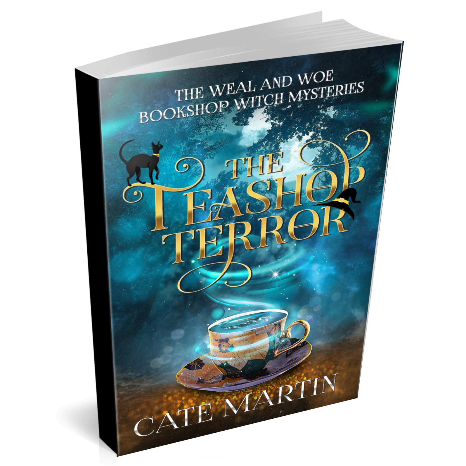 Paperback book cover of The Teashop Terror, the first book in the Weal & Woe Bookshop Witch Mystery series.