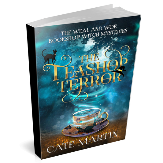 Paperback book cover of The Teashop Terror, the first book in the Weal & Woe Bookshop Witch Mystery series.