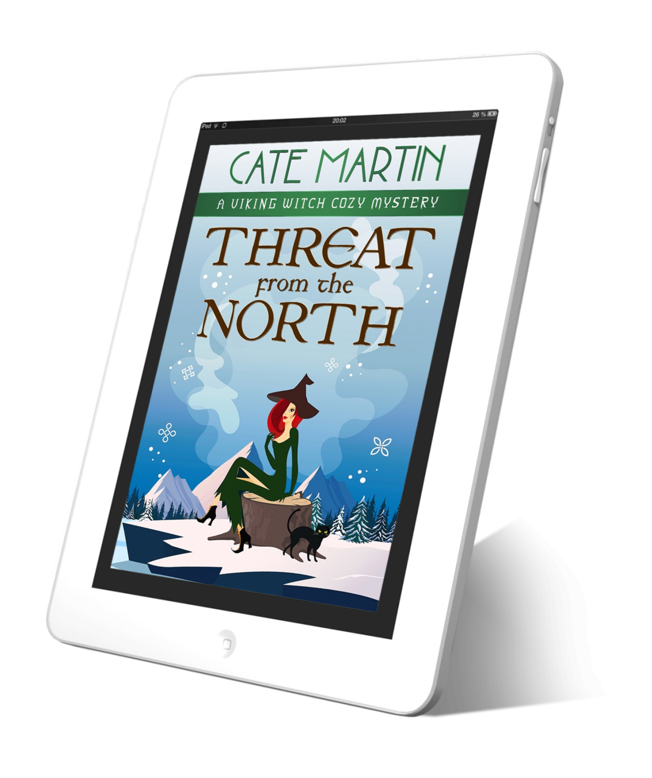 eBook cover for a book titled Threat From the North. A Witch in a tall black hat is sitting on the sawn stump of a tree. Her black cat is standing nearby. Behind her are snow-covered mountains and pine trees.