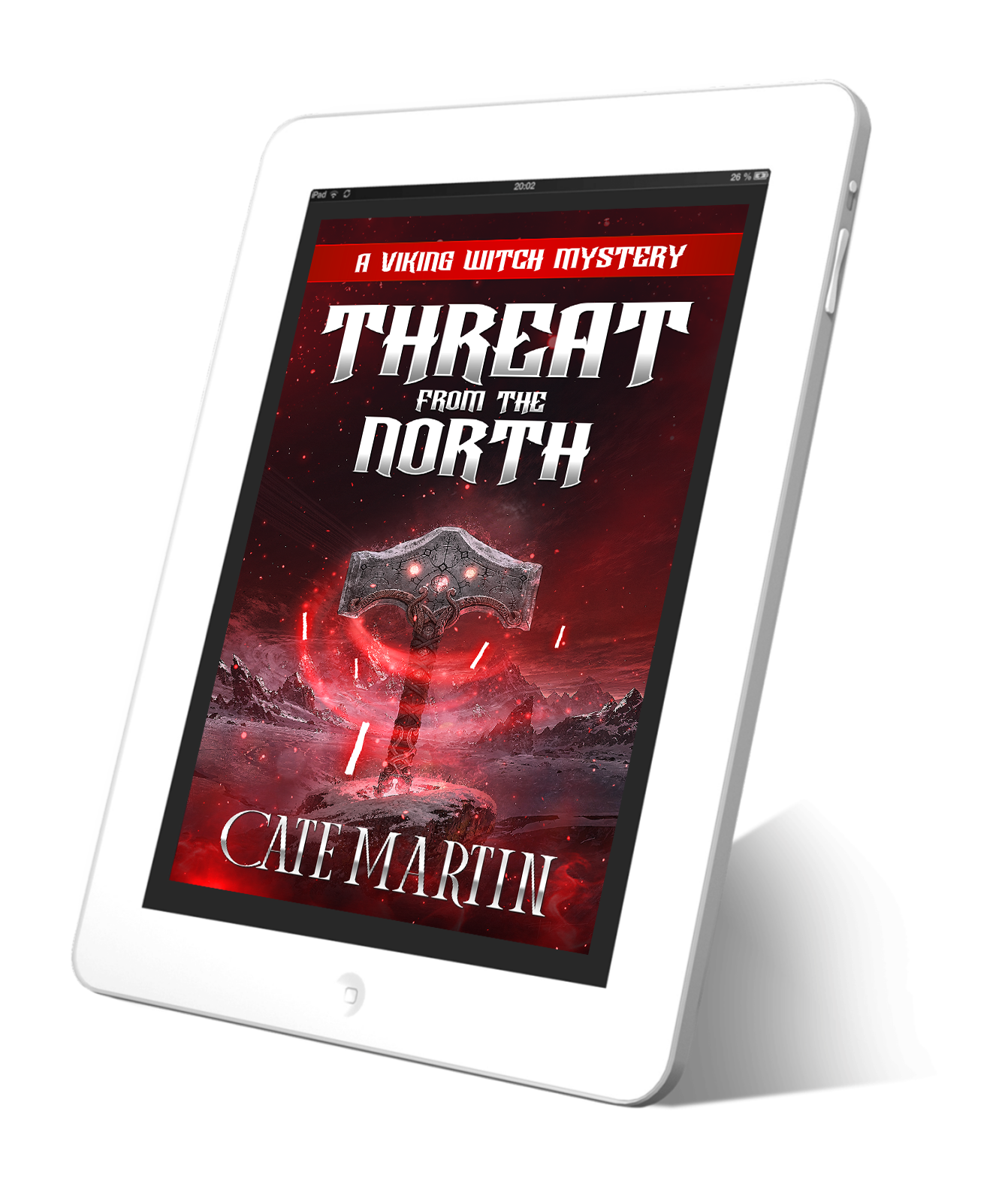 Tablet displaying the book cover of 'Threat from the North' by Cate Martin on a white background