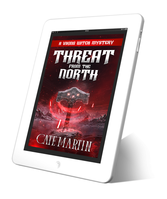 Tablet displaying the book cover of 'Threat from the North' by Cate Martin on a white background