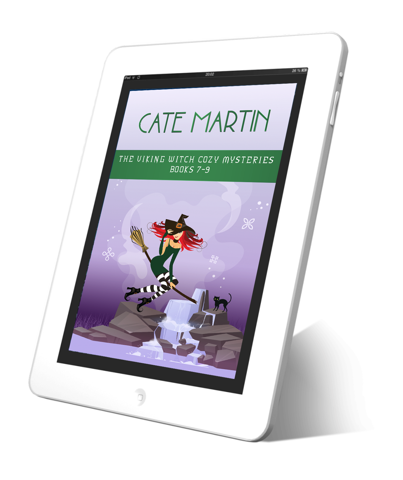 Picture of a tablet displaying the book cover for the collection The Viking Witch Cozy Mysteries Books 7-9. The image is of a witch on a broom. Her cat is in the background standing near a waterfall. Everything is coolly purple.