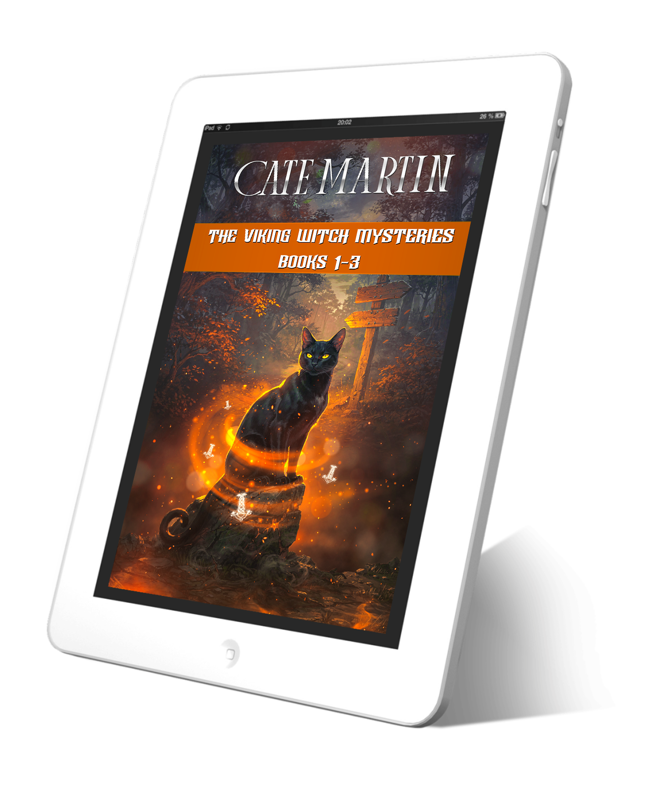 Image of an ebook on a white tablet. The book is titled The Viking Witch Mysteries Books 1-3.