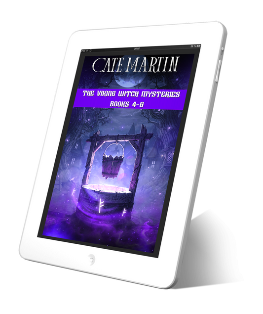 Image is of a book cover displayed on a white tablet. The book is titled The Viking Witch Mysteries Books 4-6.