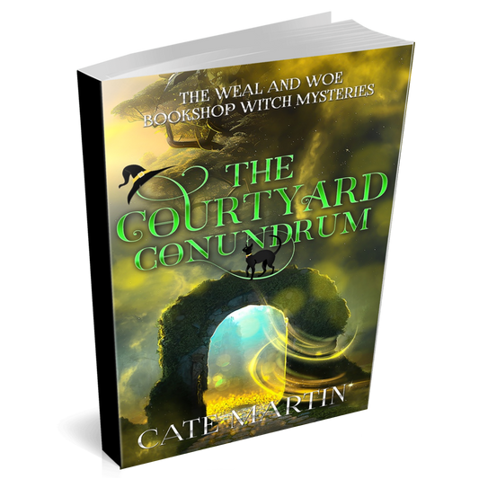 Cover of a paperback book entitled The Courtyard Conundrum. A cat is standing on top of a stone arch. Magical power is swirling through the opening of the archway into a different, sunnier world beyond.