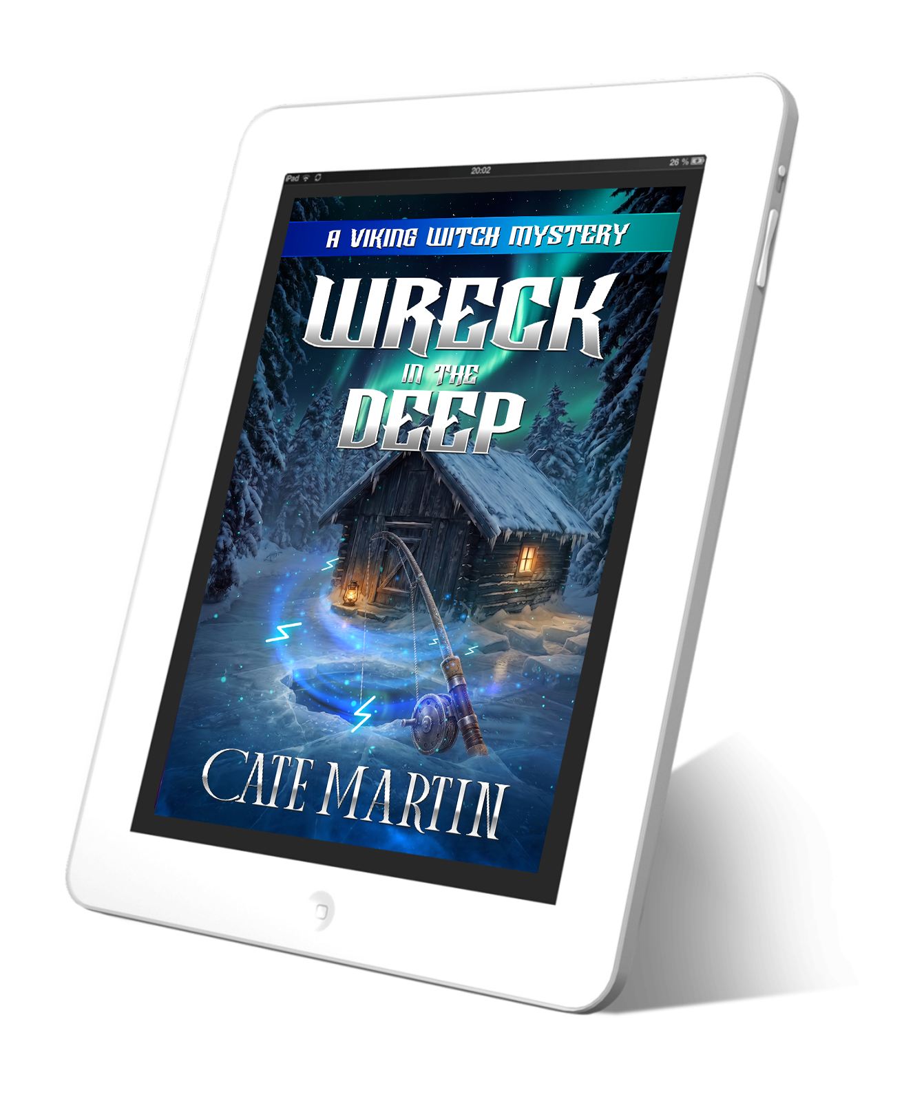 Image is of a cover for an ebook displayed on a tablet. The title is Wreck in the Deep A Viking Witch Mystery. The image is of a fishing house on a frozen lake surrounded by snow-covered pine trees. The Northern Lights are shining overhead and magical runes are dancing around a hole in the ice.